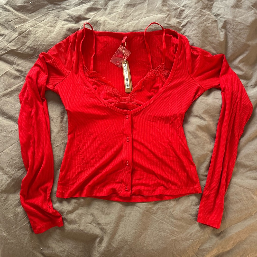 Skims Soft Lounge Lace Long Sleeve Button-up with Bralette in Cherry